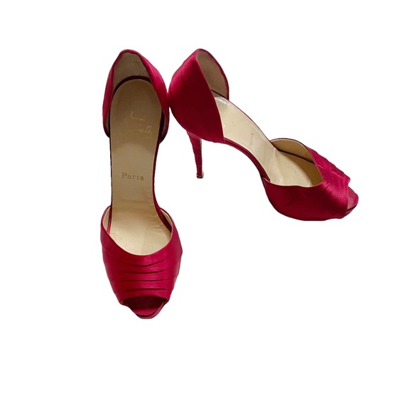 Christian Louboutin Red Crepe Satin Armadillo 120 Open Toe Peep Toe Heel Pumps - Picture 1 of 12